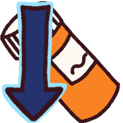 An orange pill bottle with white label and safety lid. over it is a long, dark blue downwards arrow with a light blue outline.